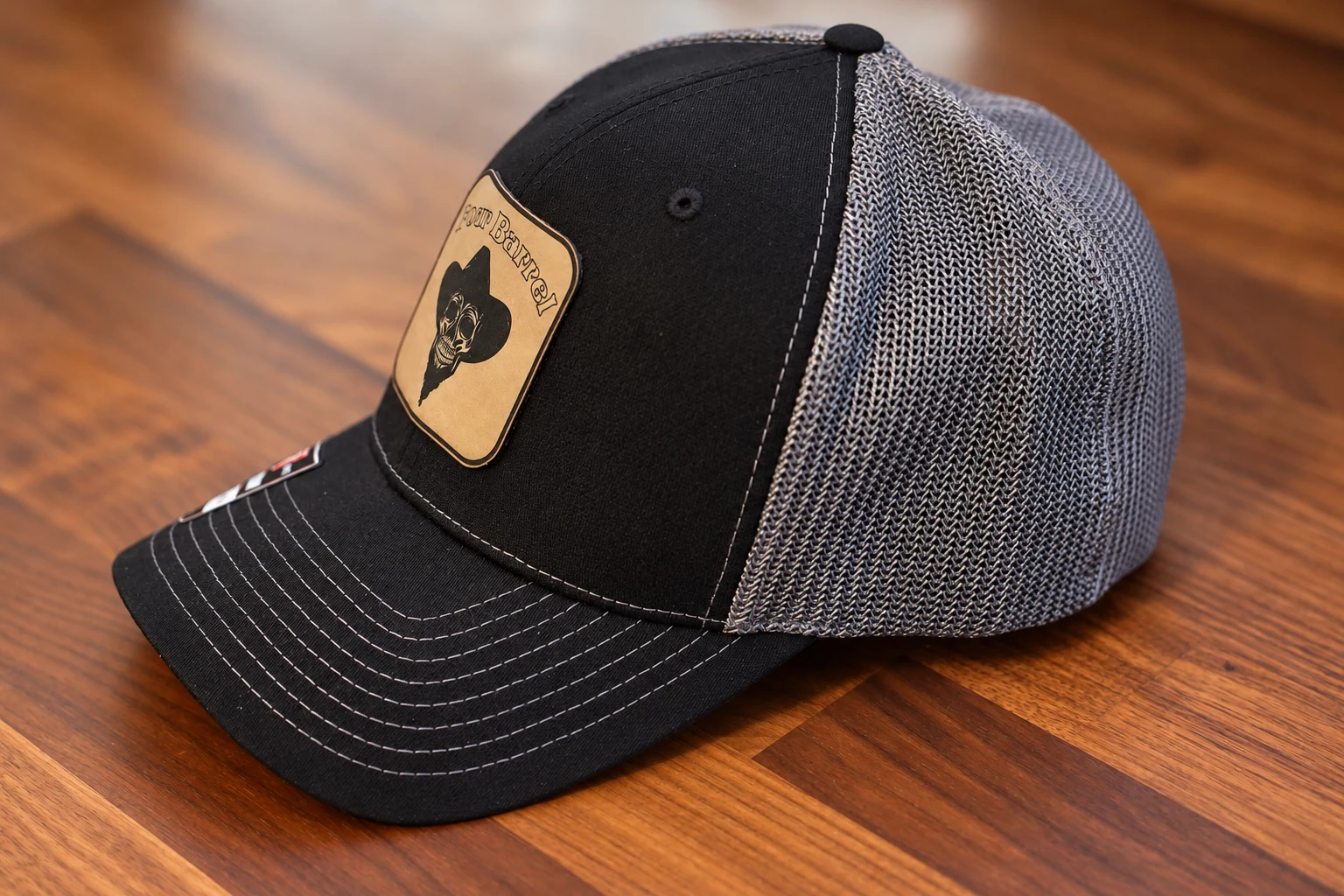 Side view of Four Barrel hat showing grey mesh